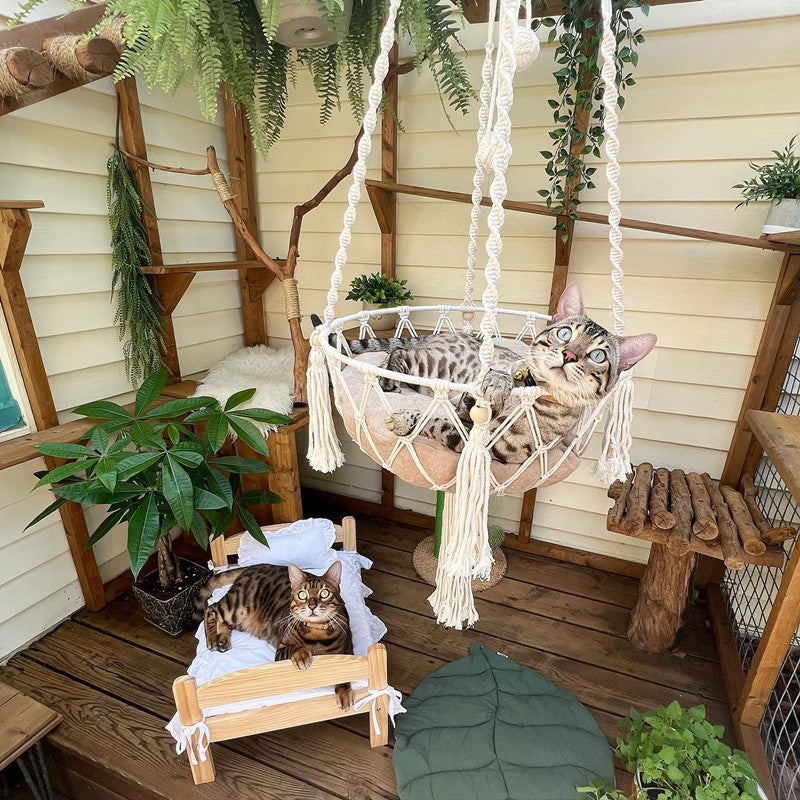 Cat hammock hanging on a balcony