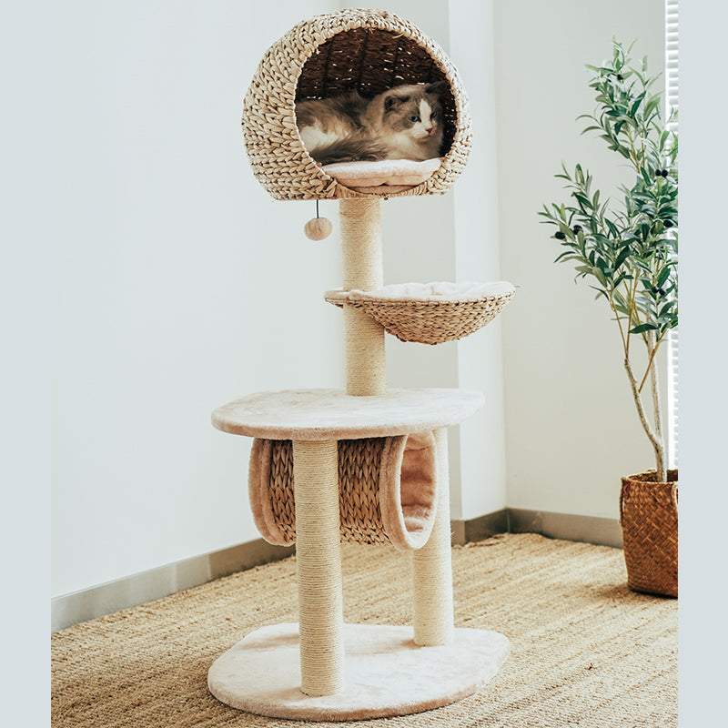 Left side of the Bird Nest Cat Tree with a cat resting in the top condo