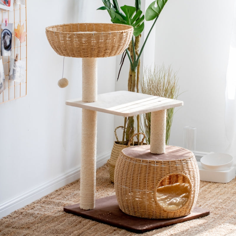 Brown Rattan Cat Tree in the living room.