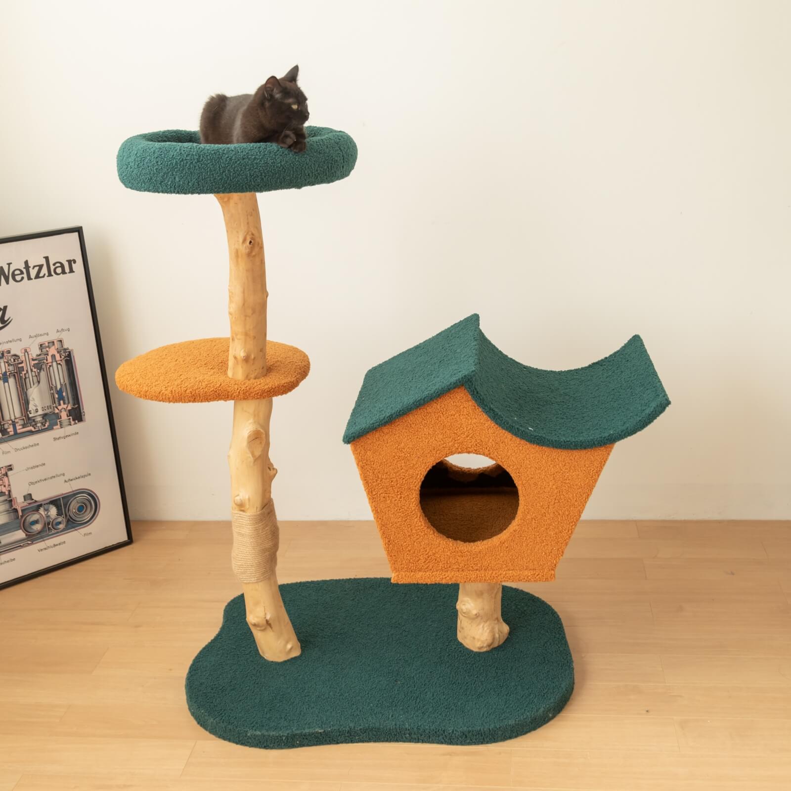 A black cat sitting on the Brown Wood House Cat Tree