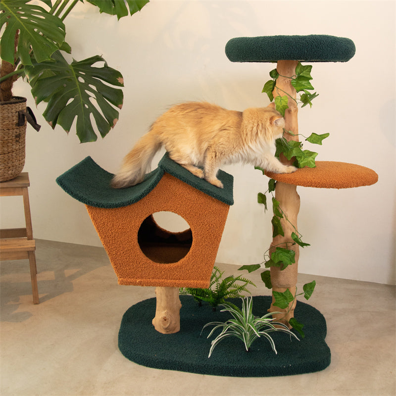 Cat moving from Brown Wood House Cat Tree roof to orange platform in living room