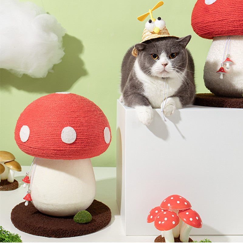 A cat sitting next to the Mushroom Cat Scratcher, showcasing its compact size and playful design.