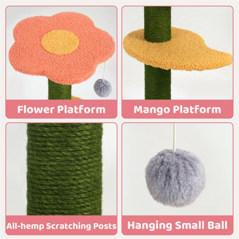 Details of the flower platform, mango platform, sisal, and toy ball on the Flower Design Cat Tree.