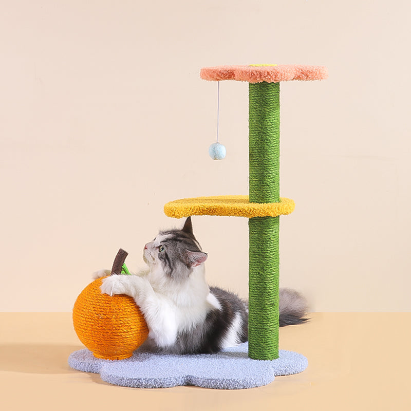 A cat playing with the orange scratching ball on the Flower Design Cat Tree.