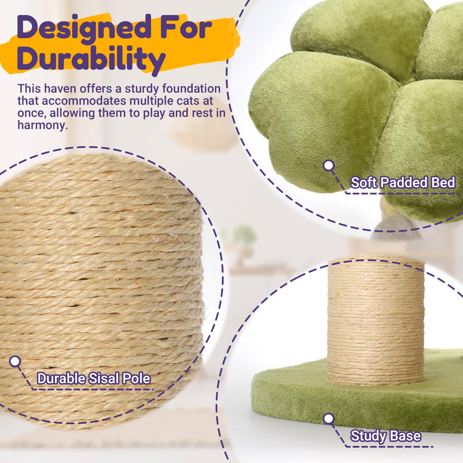 Four Leaf Clover Cat Tree features and details: durable sisal pole, sturdy base, soft padded bed