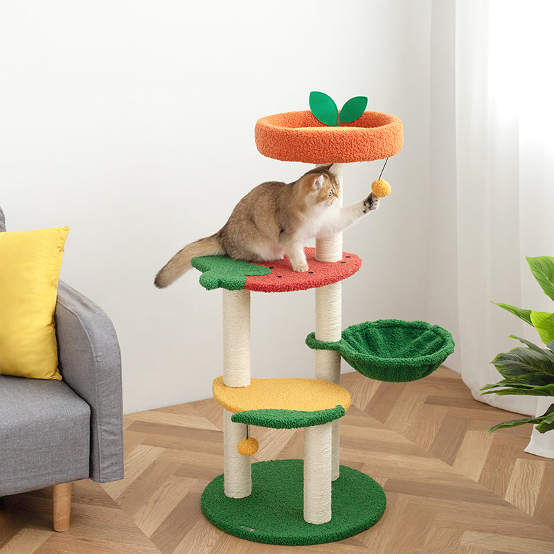 A cat playing with the hanging ball toy on the Fruit World Cat Tree