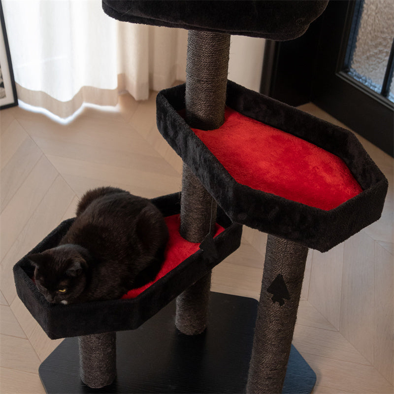 Top view of a cat on the coffin platform of the Gothic Style Cat Tree