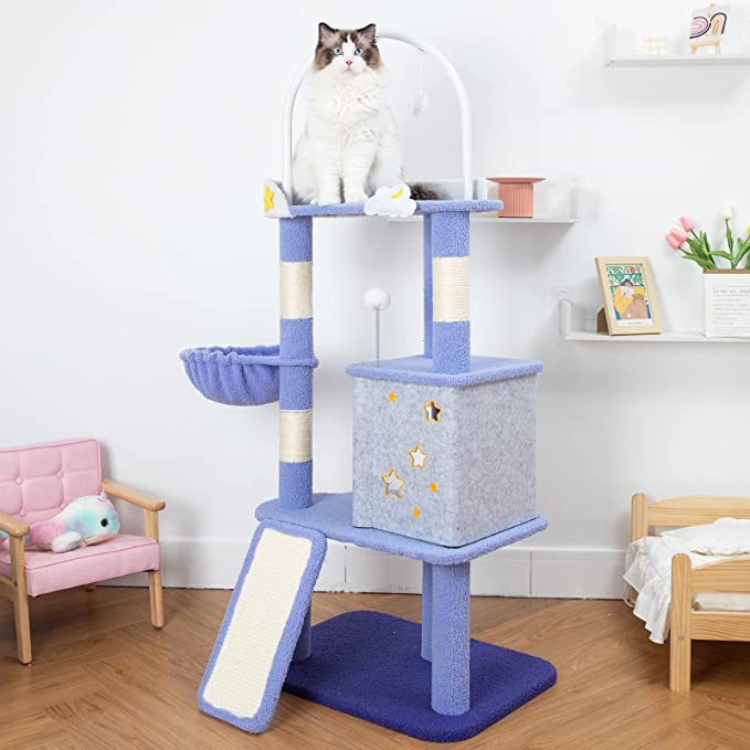 Ragdoll cat sitting on King Cloud Cat Tree top platform – ideal for large cats.