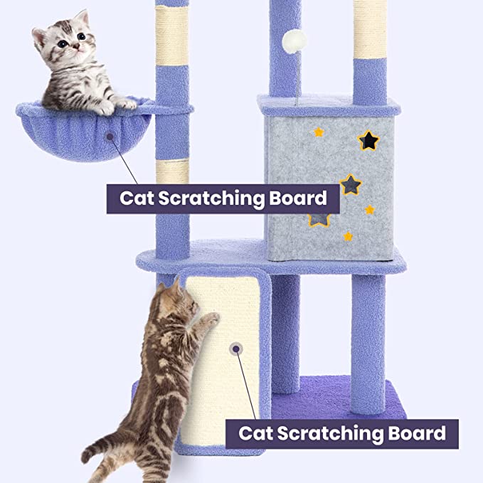 Cat scratching the sisal rope board of King Cloud Cat Tree – promotes healthy claws.