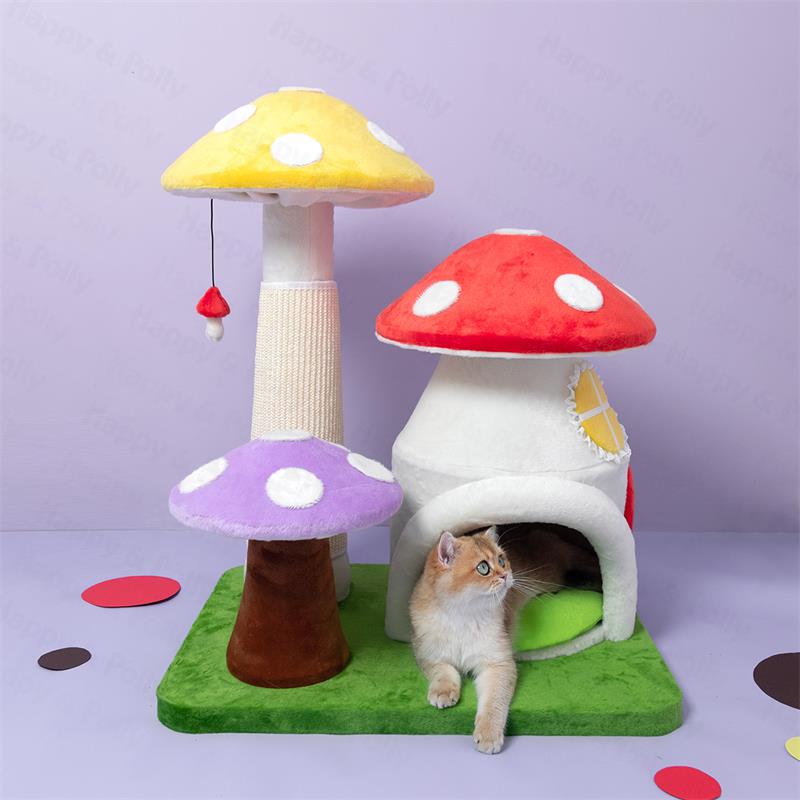 A cat lying in the condo of the Magic Mushroom Cat Tree