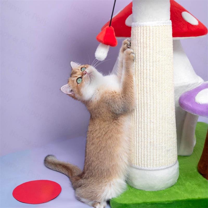 A cat standing up and scratching the sisal-wrapped mushroom pole of the Magic Mushroom Cat Tree