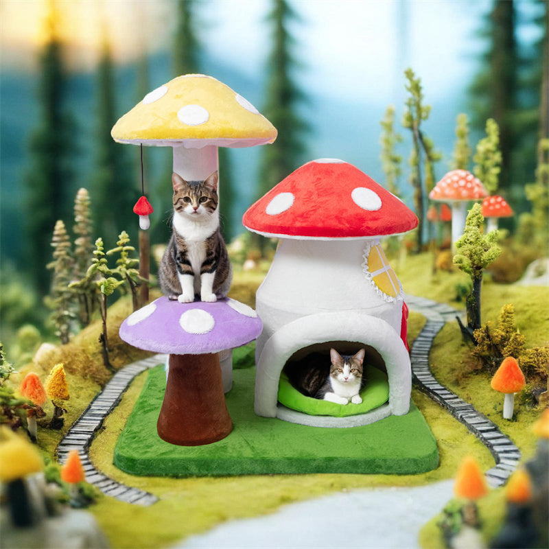 In a forest setting, one cat sits on the purple mushroom of the Magic Mushroom Cat Tree while another lies in the condo