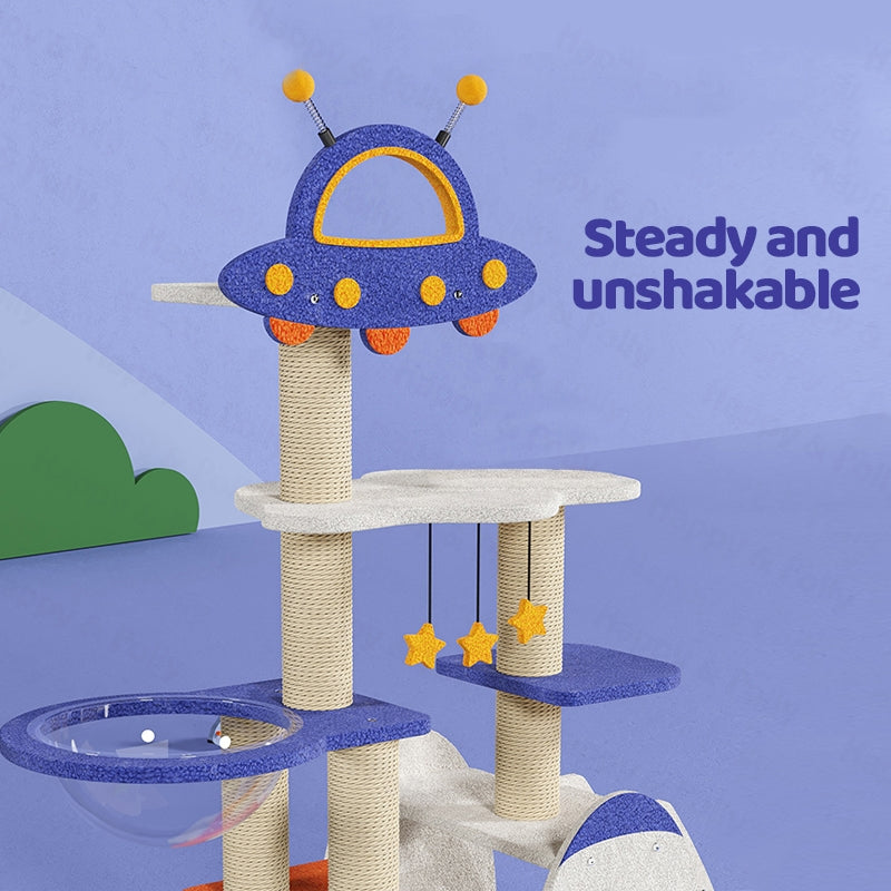 Upper section detail of the Meow Planet Cat Tree, showing it is steady and unshakable