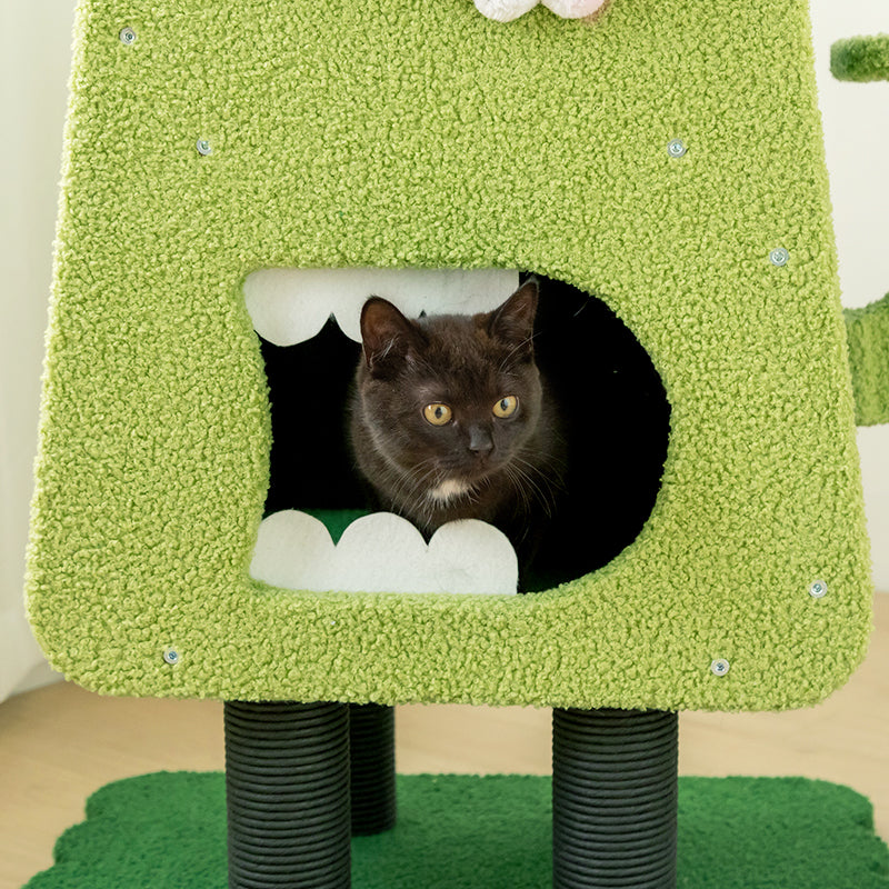 Close-up detail of cat inside the Monster Waiter Cat Tree condo – spacious and cozy interior.