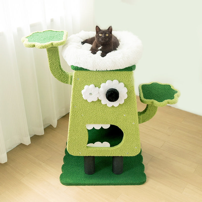 Top view of cat sleeping in Monster Waiter Cat Tree – soft and secure top bed for cats.