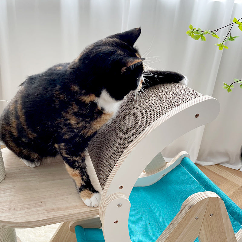 A chubby cat scratching the corrugated board of the Moon Ship Cat Tree