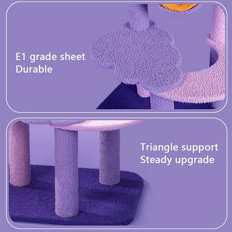 Moonlight Cat Tree with E1 grade sheet, durable construction, and triangle support