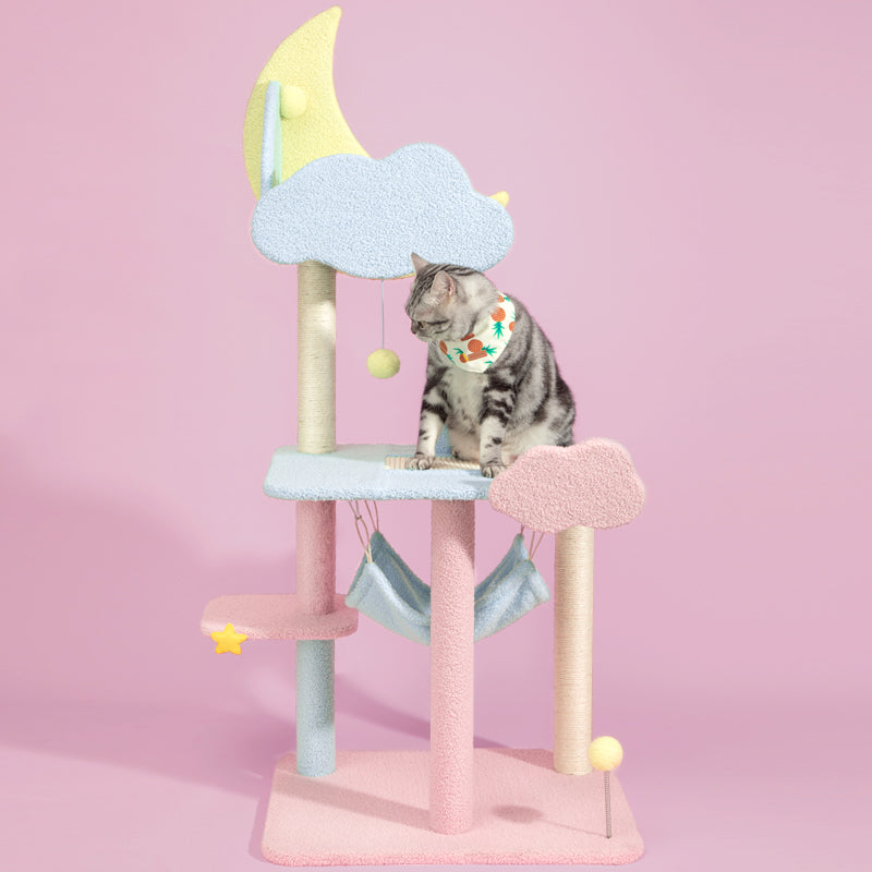 A 16-pound cat sitting on the large platform of the Starry Sky Cat Tree