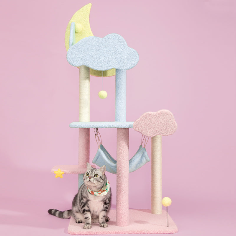 A 16-pound cat sitting on the Starry Sky Cat Tree