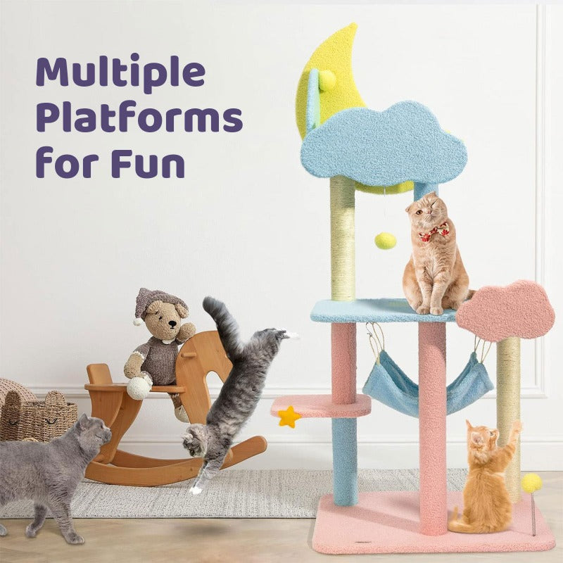 Multiple platforms for fun with two cats playing on the Starry Sky Cat Tree