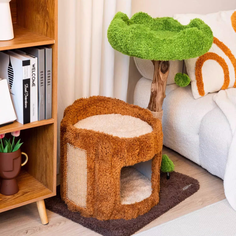 Stylish Catnap Stump Cat Tree beside a sofa, showcasing space-saving design.