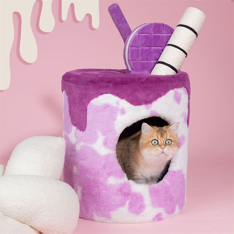 A cat sitting on the Taro Milk Tea Cat Tree looking out