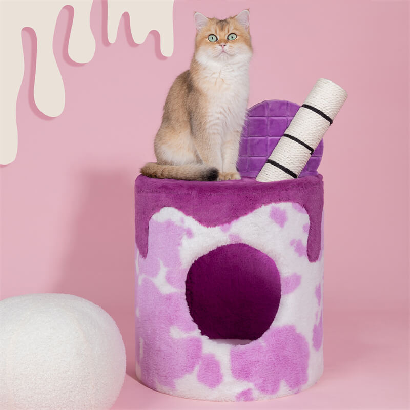 A cat sitting on the Taro Milk Tea Cat Tree