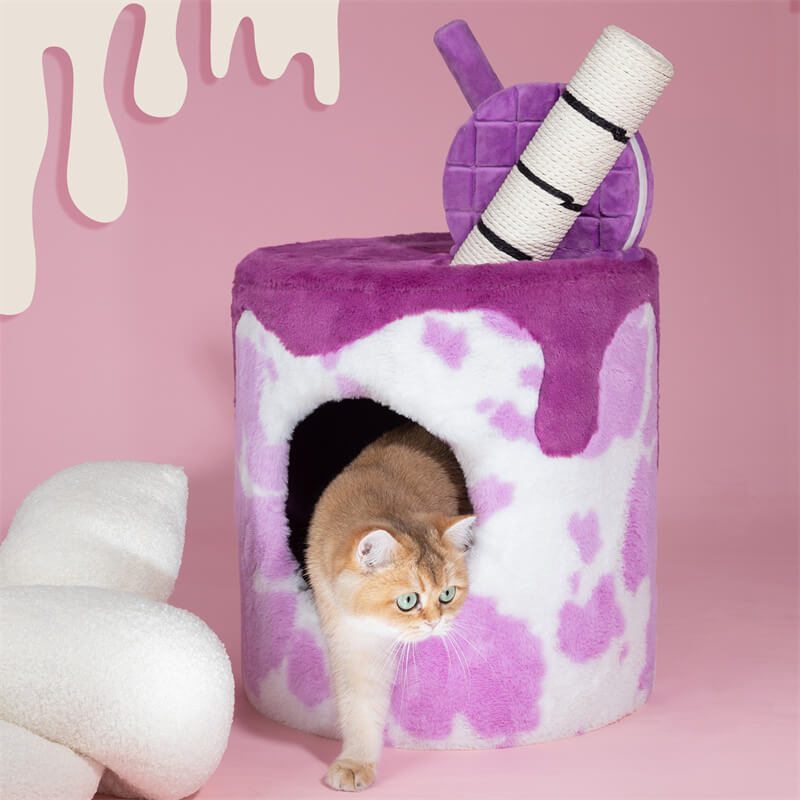 A cat walking out from the Taro Milk Tea Cat Tree