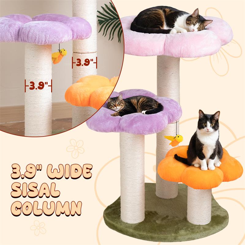 Three cats on various platforms of the Three Flower Cat Tree, featuring a 3.9-inch diameter sisal pillar