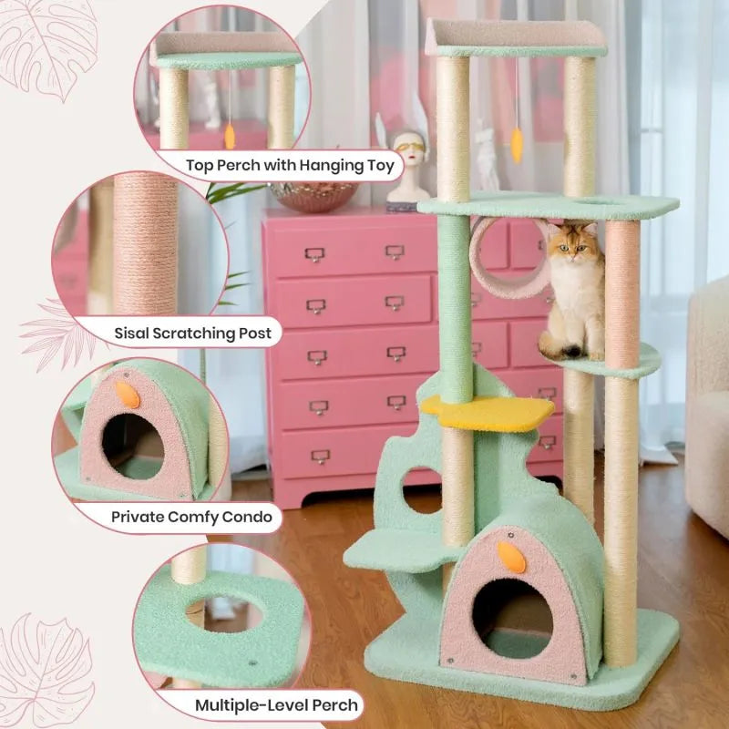 Feature details of the Upgraded Wonderland Cat Tree-XL: top perch with hanging toy, sisal scratching post, private comfy condo, multiple-level perch