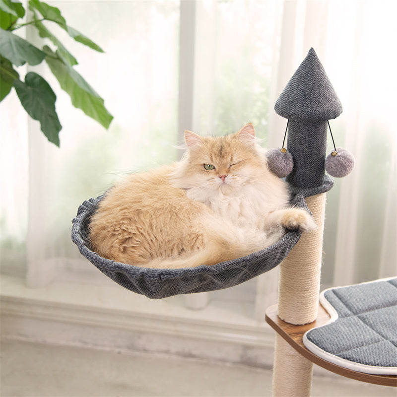 Cat lounging in the Wooden House Cat Tree hammock – soft and cozy resting area.