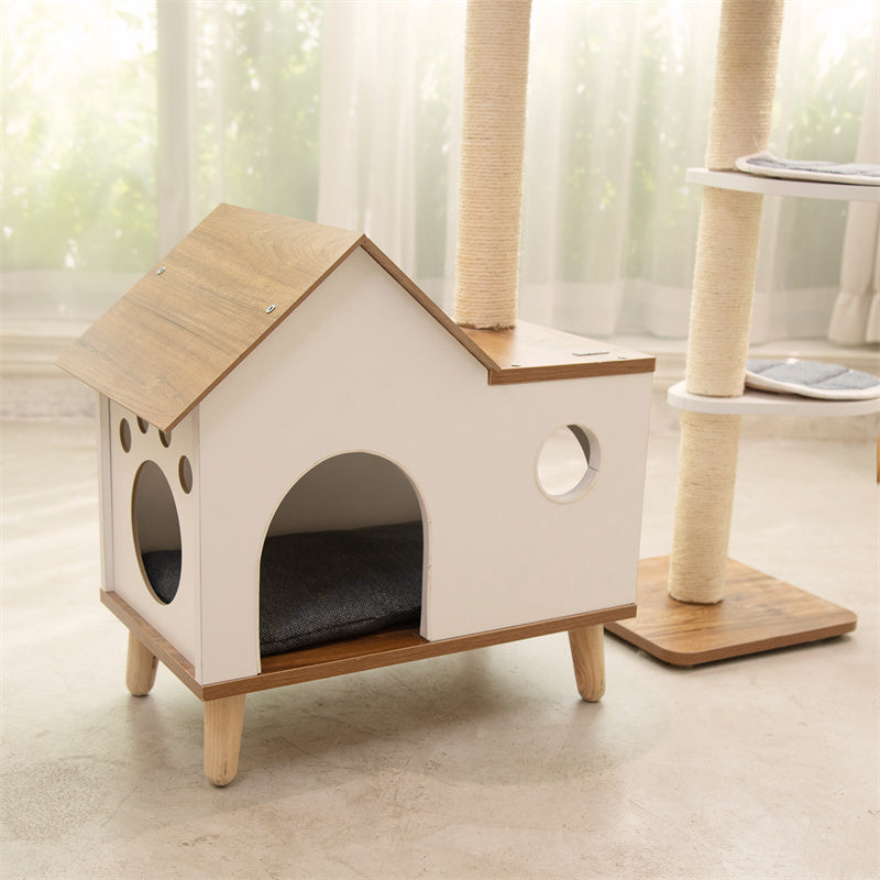 Close-up of the Wooden House Cat Tree condo – spacious hideaway for cats to rest.