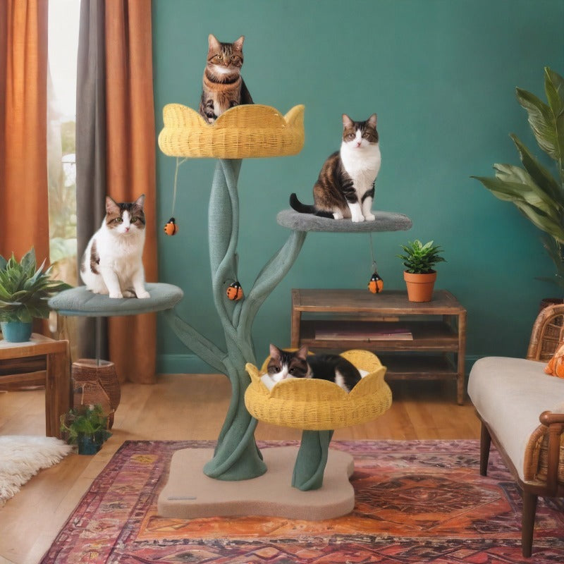 Four cats on the various platforms of the Yellow Tulip Cat Tree